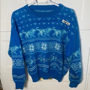 STEFFNER Blue Long Sleeved crewneck Sweater with Lion Design Size Large 50% Wool